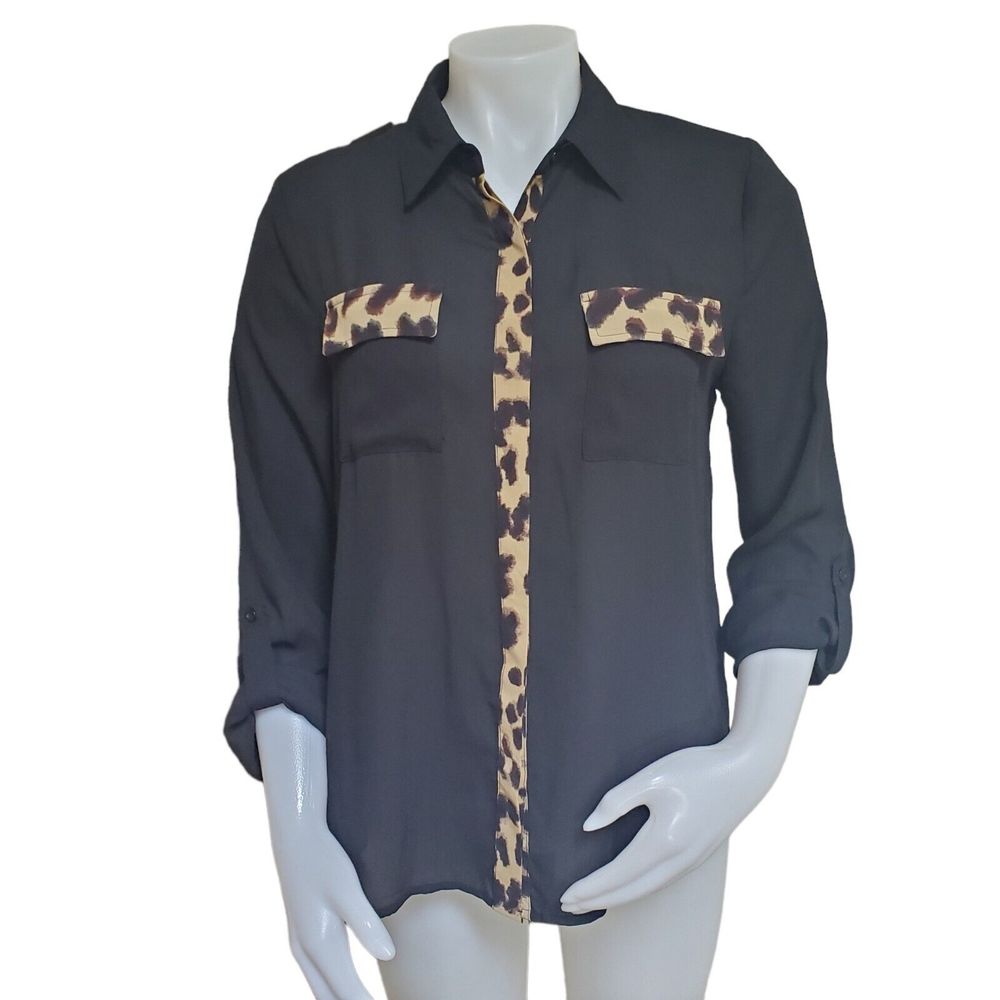 Blu Pepper Womens Black Blouse Size Medium Animal Print Trim Adjustable Sleeves